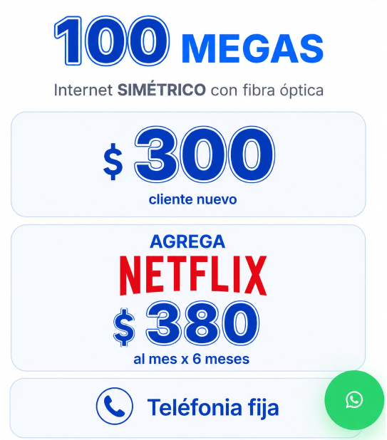 Promoción 100 megas internet simétrico con Netflix y telefonía fija